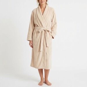Pure Fiber Wrap Bathrobe Unisex Large Beige Stretch Fleece Tie Belt Shawl Collar